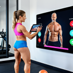 **Prompt:** A dynamic and modern fitness environment where physical and digital realms merge. Individuals are shown engaging in virtual training sessions on tablets and large screens, with some wearing advanced fitness trackers that display data overlays. A tech-savvy fitness professional, symbolizing the 'hybrid' expert, seamlessly interacts with both in-person clients and digital platforms, demonstrating agility and business acumen. The scene should convey innovation, personalization, and rapid adaptation in the fitness industry, with a vibrant and connected atmosphere.