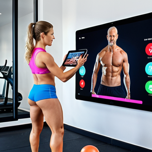 Home 24 **Prompt:** A dynamic and modern fitness environment where physical and digital realms merge. Individuals are shown engaging in virtual training sessions on tablets and large screens, with some wearing advanced fitness trackers that display data overlays. A tech-savvy fitness professional, symbolizing the 'hybrid' expert, seamlessly interacts with both in-person clients and digital platforms, demonstrating agility and business acumen. The scene should convey innovation, personalization, and rapid adaptation in the fitness industry, with a vibrant and connected atmosphere.
