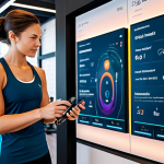 A diverse group of adults in modern, modest athletic wear, interacting with advanced AI fitness technology in a futuristic gym setting. One person is looking at a smartwatch displaying health data, another is engaging with a large interactive digital screen showing a personalized workout plan with abstract glowing lines and data visualizations. The environment is sleek, clean, and brightly lit, emphasizing innovation and efficiency. The scene conveys personalized guidance and seamless tech integration. fully clothed, modest clothing, appropriate attire, professional dress, safe for work, appropriate content, professional, family-friendly, perfect anatomy, correct proportions, natural pose, well-formed hands, proper finger count, natural body proportions, professional photography, high quality, sharp focus, vibrant colors.