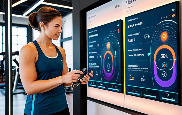 A diverse group of adults in modern, modest athletic wear, interacting with advanced AI fitness technology in a futuristic gym setting. One person is looking at a smartwatch displaying health data, another is engaging with a large interactive digital screen showing a personalized workout plan with abstract glowing lines and data visualizations. The environment is sleek, clean, and brightly lit, emphasizing innovation and efficiency. The scene conveys personalized guidance and seamless tech integration. fully clothed, modest clothing, appropriate attire, professional dress, safe for work, appropriate content, professional, family-friendly, perfect anatomy, correct proportions, natural pose, well-formed hands, proper finger count, natural body proportions, professional photography, high quality, sharp focus, vibrant colors.