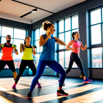 **

A bustling fitness class in a modern Madrid gym. Participants are fully clothed in stylish athletic wear, doing a Zumba routine. Sunlight streams through large windows.  Professional lighting, vibrant colors, safe for work, appropriate content, fully clothed, family-friendly.

**
