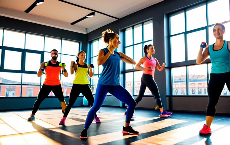 **
A bustling fitness class in a modern Madrid gym. Participants are fully clothed in stylish athletic wear, doing a Zumba routine. Sunlight streams through large windows. Professional lighting, vibrant colors, safe for work, appropriate content, fully clothed, family-friendly.
**