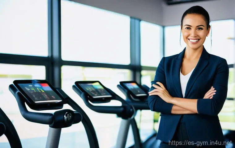 피트니스 경영사 이직 포트폴리오 작성법 - **Image Prompt:** A confident female fitness manager, aged 30s, professionally dressed in a stylish ...