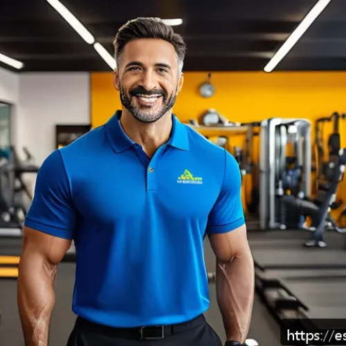 Home 31 피트니스 경영사 직무 만족도 조사 - A professional fitness manager leading a diverse team in a modern gym environment with bright, clean...