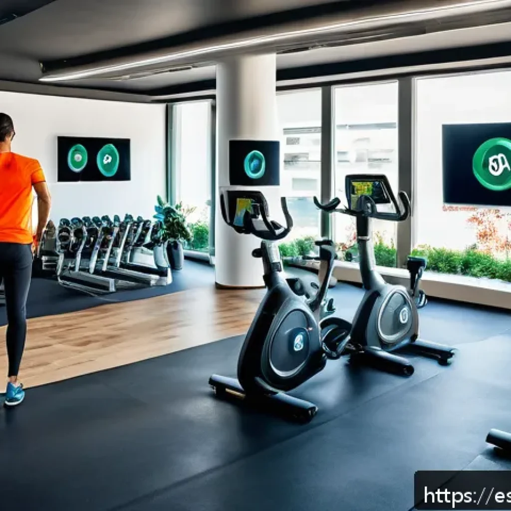 피트니스 경영사 취업 성공 후기 - A modern fitness management office scene in a bright, spacious gym environment in Spain, featuring a...