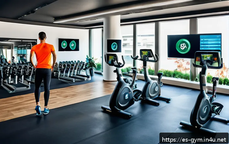 피트니스 경영사 취업 성공 후기 - A modern fitness management office scene in a bright, spacious gym environment in Spain, featuring a...