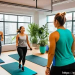 Home 23 피트니스 경영사 네트워킹 중요성과 방법 - A vibrant fitness networking event in a modern urban co-working space in Mexico City, featuring dive...