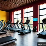 피트니스 경영사 업무 시 필요한 소프트웨어 - A modern gym interior filled with diverse members using advanced fitness technology: digital screens...