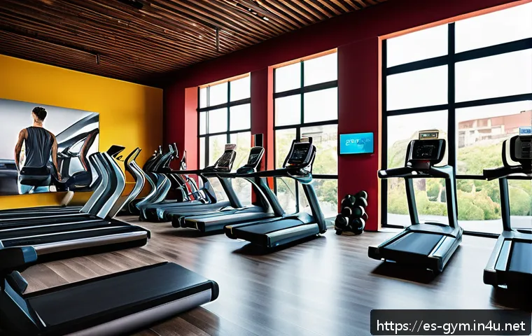 피트니스 경영사 업무 시 필요한 소프트웨어 - A modern gym interior filled with diverse members using advanced fitness technology: digital screens...