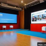 피트니스 경영사 자격증 취득 후 경력 관리 - A professional fitness event scene in a modern conference hall in Spain, featuring diverse adult att...